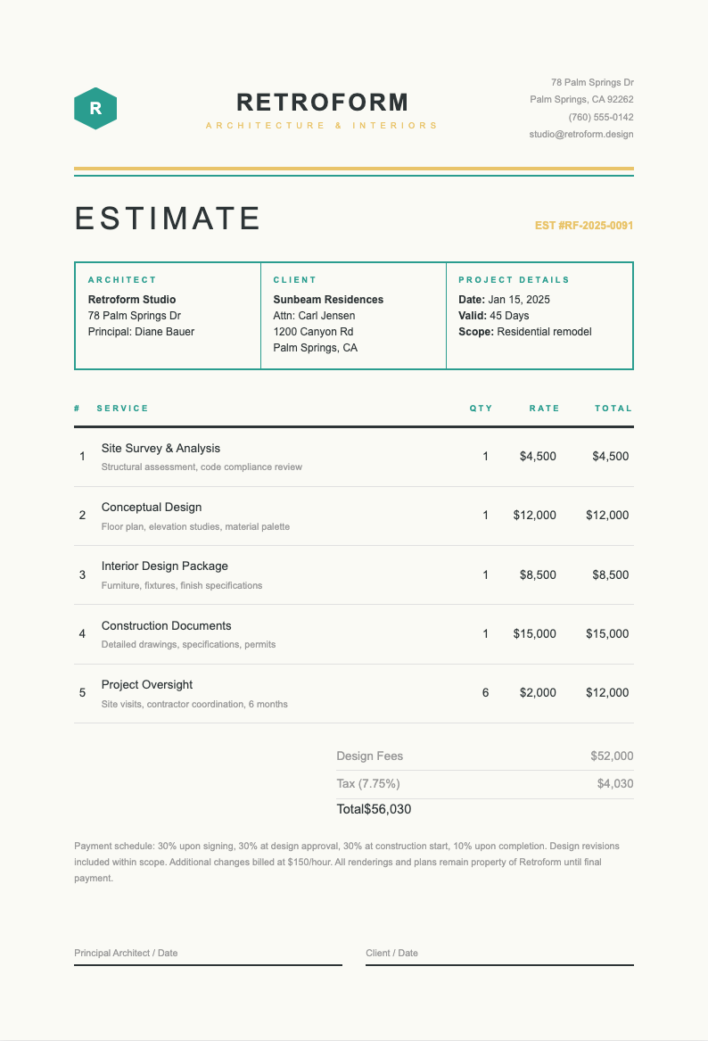 Mid century modern service estimate